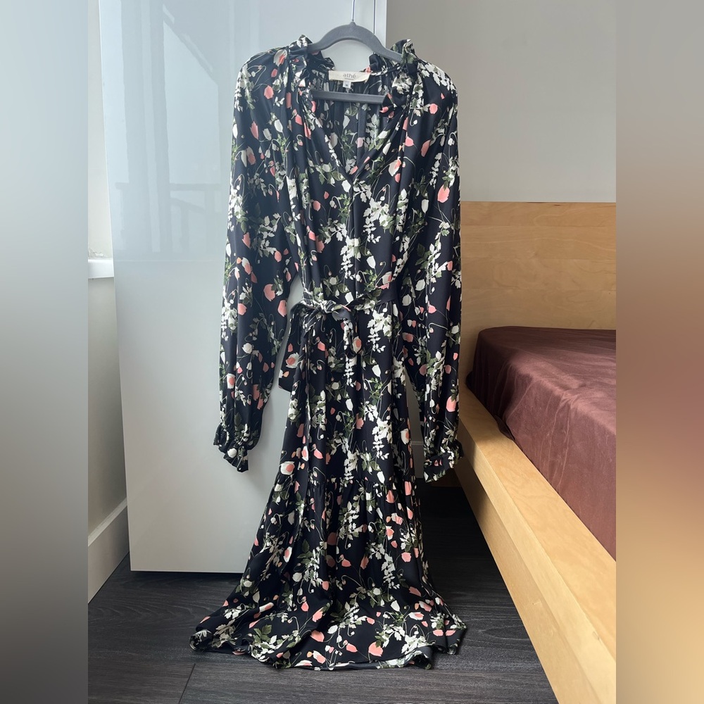 Vanessa Bruno Athe 100% Silk Black Floral Maxi Longsleeve Dress - Size 36